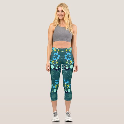 Cool Green ColorfulPaint Splatter Pattern Capri Leggings