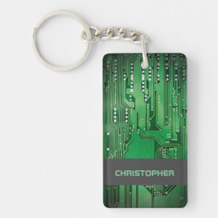 Cool Green Computer Circuit Board Monogram Keychain