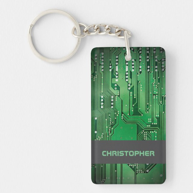 Cool Green Computer Circuit Board Monogram Keychain (Front)
