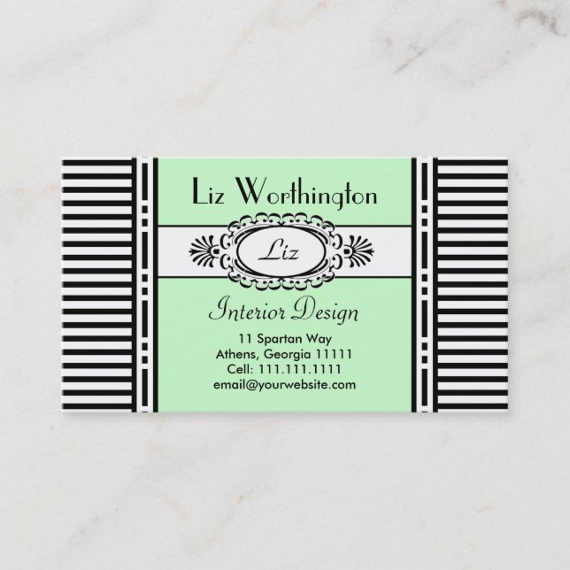 Cool Green Damask and Stripes Customizable Business Card (Front)