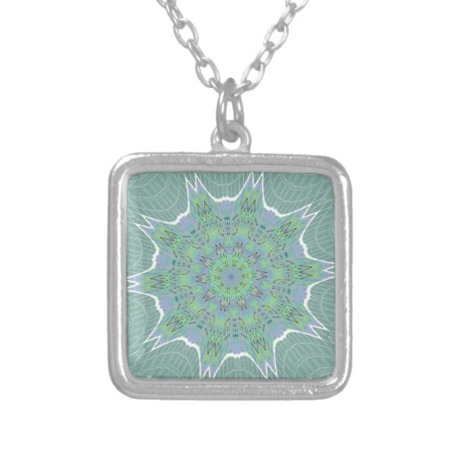 Cool Green Floral pattern Silver Plated Necklace (Front)