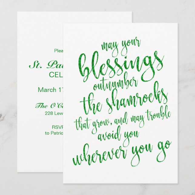 Cool Green Glitter St patrick's Day Party Invitation (Front/Back)