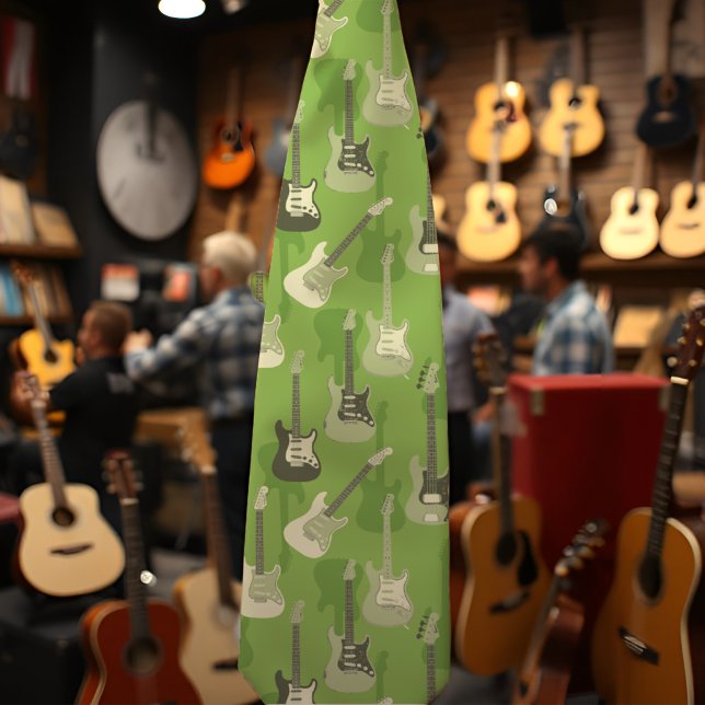 Cool green guitars for stylish musician, music fan neck tie (All-green guitar pattern neck tie for the musician, teacher, or musical instrument salesman.)