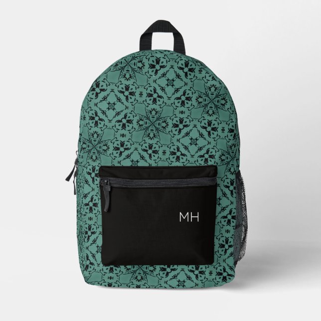 Cool Green Mandala Pattern Monogram Initials Printed Backpack (Front)