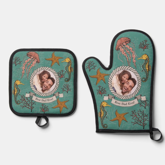Cool Green Nautical Seahorse Photo Best Dad Ever Oven Mitt & Pot Holder Set (Front)