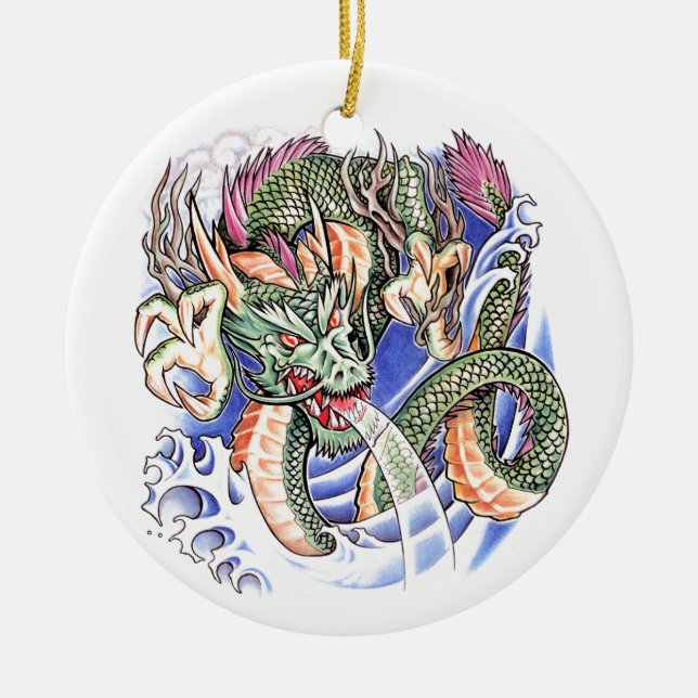 Cool Green Oriental Dragon tattoo Ceramic Ornament (Front)
