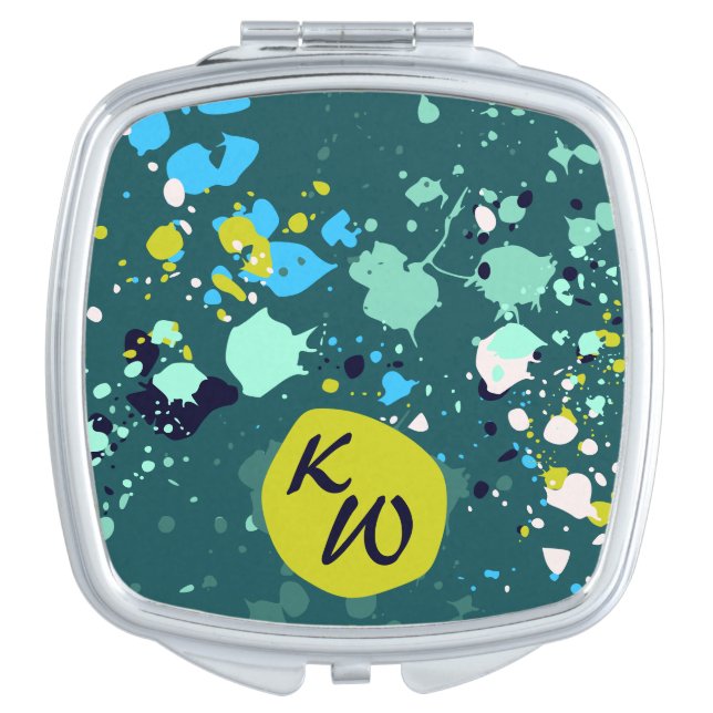 Cool Green Paint Splatter Initials Compact Mirror (Front)