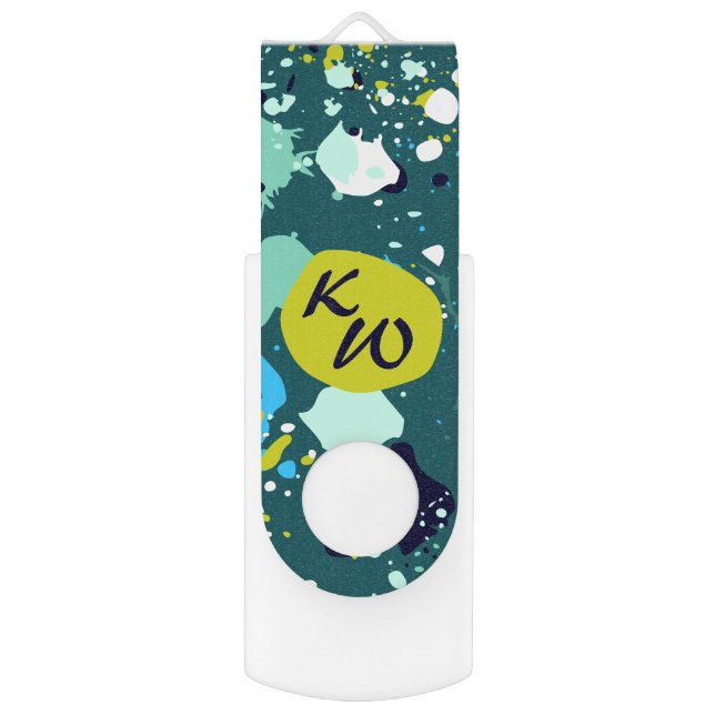 Cool Green Paint Splatter Initials  Flash Drive (Front Vertical)