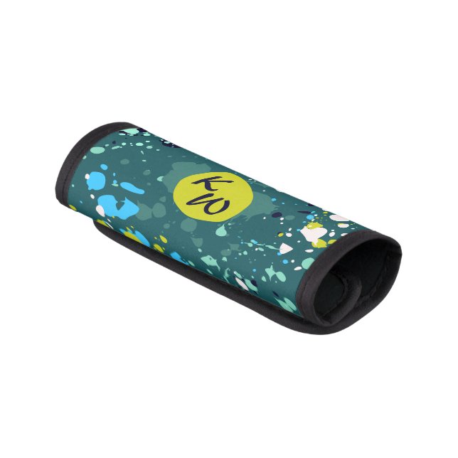Cool Green Paint Splatter Initials Luggage Handle Wrap (Angled)