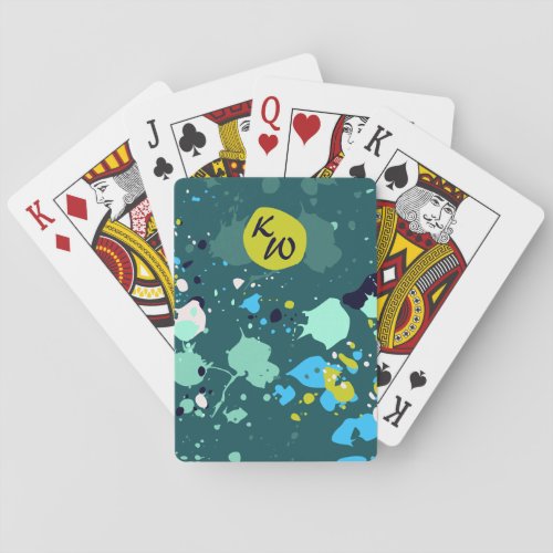 Cool Green Paint Splatter Initials Poker Cards