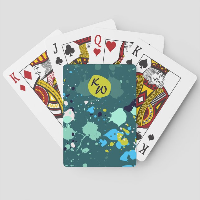 Cool Green Paint Splatter Initials Poker Cards (Back)