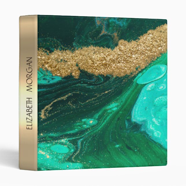 Cool Green Stone Granite Marble,Gold Glitter 3 Ring Binder (Front/Spine)