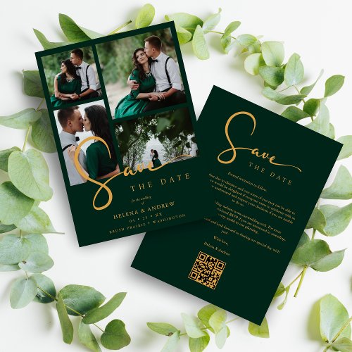 Cool Green Trendy 4 Multi Photos Collage QR Save The Date
