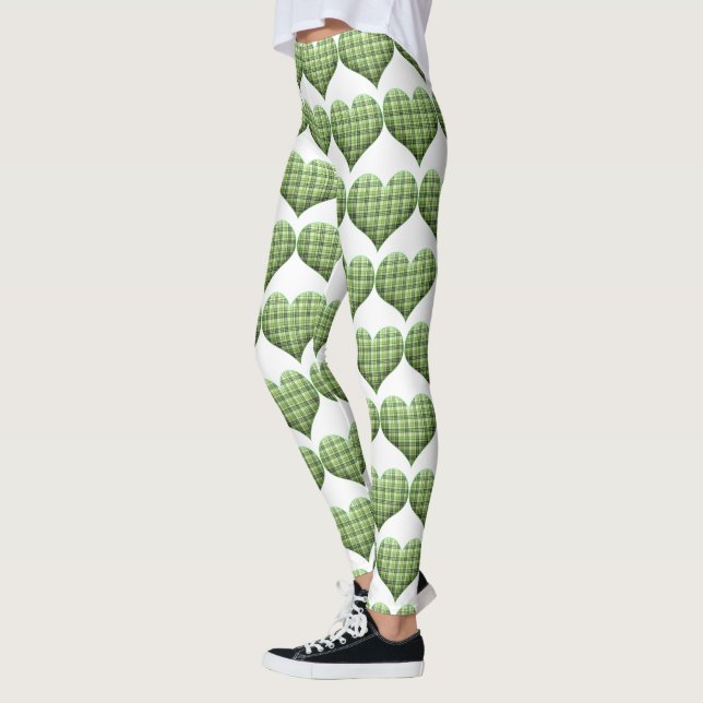 Cool Green White Hearts St.Patrick's Day Holiday Leggings (Left)