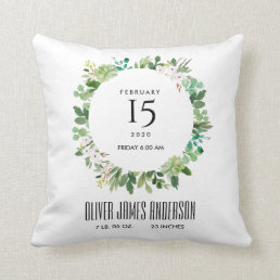 COOL GREEN WREATH WATERCOLOR BABY BIRTH STATS THROW PILLOW