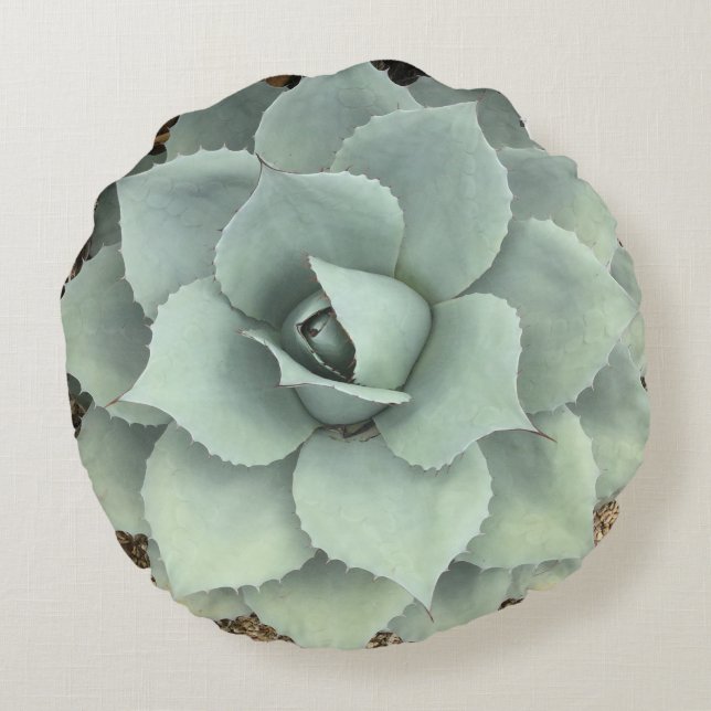 Cool Grey Agave Succulent Round Pillow (Back)