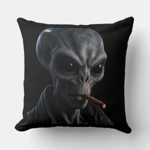 Cool Grey Alien Smoking Cigar - Bad Boy Sci-Fi Acc Throw Pillow