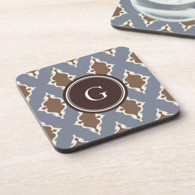 Cool grey brown ikat tribal pattern monogram coaster (Left Side)
