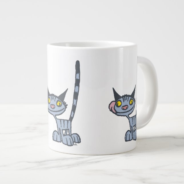 Cool Grey Cartoon Cat Giant Coffee Mug (Front Right)