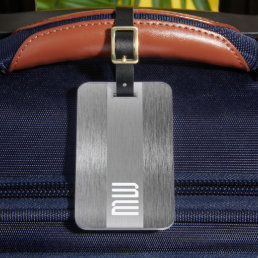 Cool Grey Faux Metal Stripe Bold Monogram Luggage Tag