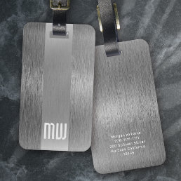Cool Grey Faux Metal Stripe Bold Monogram  Luggage Tag