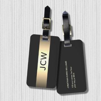 Cool Grey Faux Metal Stripe Bold Monogram Luggage Tag