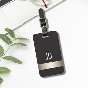 Cool Grey Faux Metal Stripe Monogram Luggage Tag