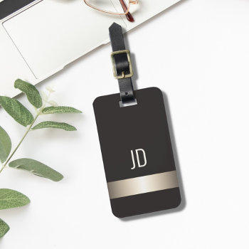 Cool Grey Faux Metal Stripe Monogram Luggage Tag by Weaselgift at Zazzle