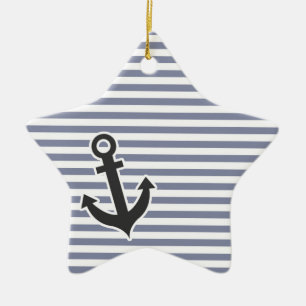 Cool Grey Horizontal Stripes; Anchor Ceramic Ornament