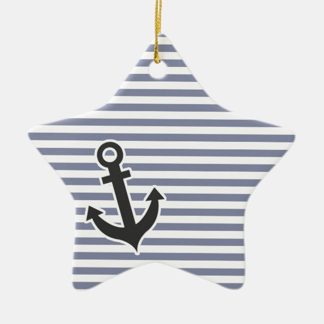 Cool Grey Horizontal Stripes; Anchor Ceramic Ornament (Front)