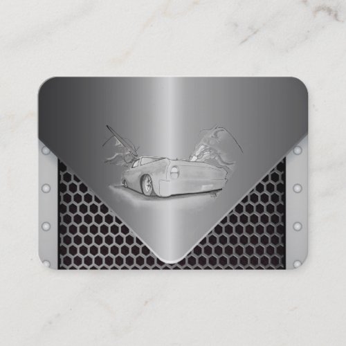 cool grey  metal look with drawing of a car business card