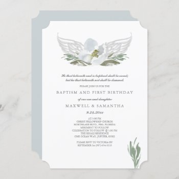 Cool Grey Watercolor Florals Angel Wings Baptism Invitation by VGInvites at Zazzle