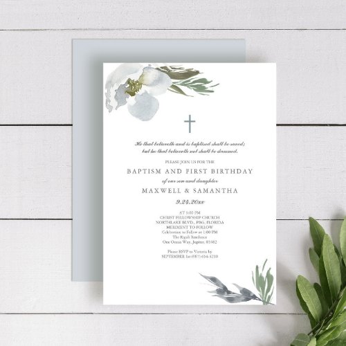 Cool Grey Watercolor Florals Twins Baptism Invitation