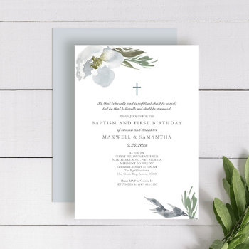 Cool Grey Watercolor Florals Twins Baptism Invitation by VGInvites at Zazzle