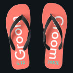 Cool Groom Coral Flip Flops<br><div class="desc">Groom is written in white text against bright coral background.  Personalize with date of wedding in turquoise blue.  Cool beach destination or honeymoon flip flops.  Original designs by TamiraZDesigns.</div>