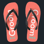 Cool Groom Coral Flip Flops<br><div class="desc">Groom is written in white text against bright coral background.  Personalize with date of wedding in turquoise blue.  Cool beach destination or honeymoon flip flops.  Original designs by TamiraZDesigns.</div>