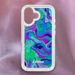 Cool Groovy Teal Swirl Custom Name iPhone 16 Case