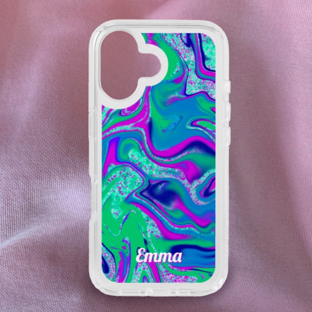 Cool Groovy Teal Swirl Custom Name  Speck iPhone Case (Add your name to this vibrant unique swirl original phone case. Cool aqua n pink sparkle. Groovy.)