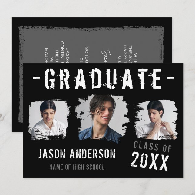 Cool Grunge Black 3 Photo Graduation Announcement (Front/Back)