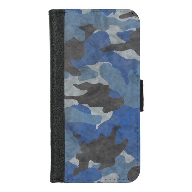 Cool Grunge Blue Camo Military Camouflage Pattern iPhone Wallet Case (Front)