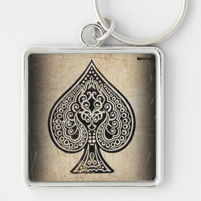 Cool Grunge Retro Artistic Poker Ace Of Spades Keychain (Front)