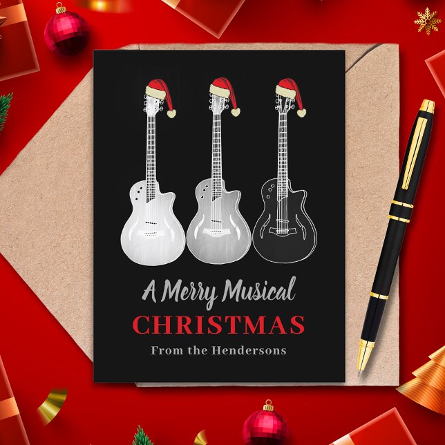 Cool Guitar Christmas Merry Music Personalized Holiday Postcard (Christmas guitars black and white guitar wearing santa hat merry musical custom holiday card)
