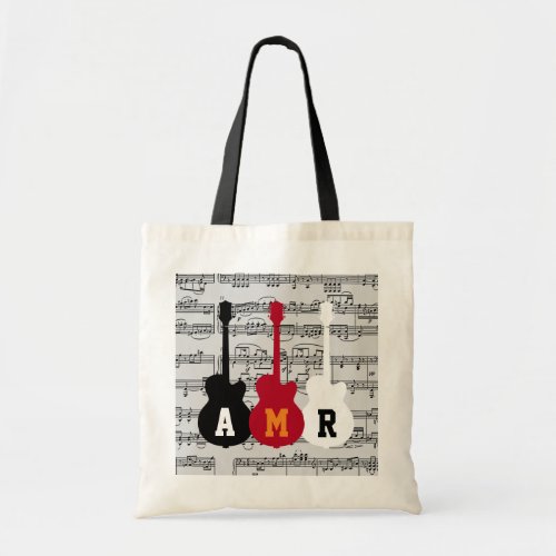 cool guitars with musical notes and initials tote bag