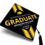 Cool Guy 2024 Graduation Graduation Cap Topper<br><div class="desc">Modern graduation cap topper for him featuring a stylish black background that can be changed to any color,  a graduate cap,  2 cool yellow stripes,  the saying "he believed he could so he did",  the students name,  the high school/college,  and class year.</div>