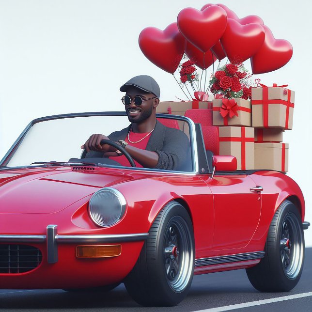 Cool Guy in Red Convertible with Valentines Holiday Card