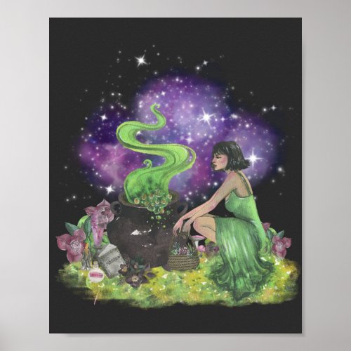 Cool Halloween Beautiful Young Witch With Herbs  Poster