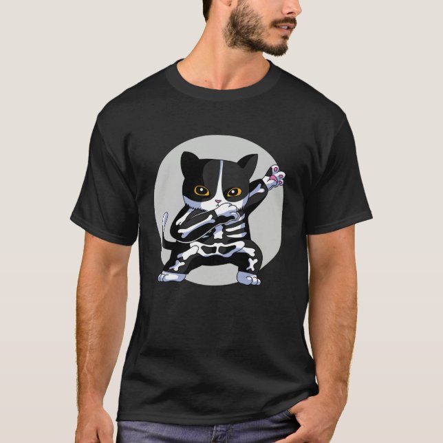 Cool Halloween Cat Dabbing with Skeleton furry T-Shirt (Front)