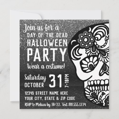 Cool Halloween Day of the Dead Glitter Sugar Skull Invitation