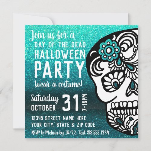 Cool Halloween Day of the Dead Glitter Sugar Skull Invitation