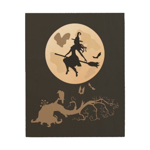 Cool Halloween Witch Flying On A Broomstick  Wood Wall Art